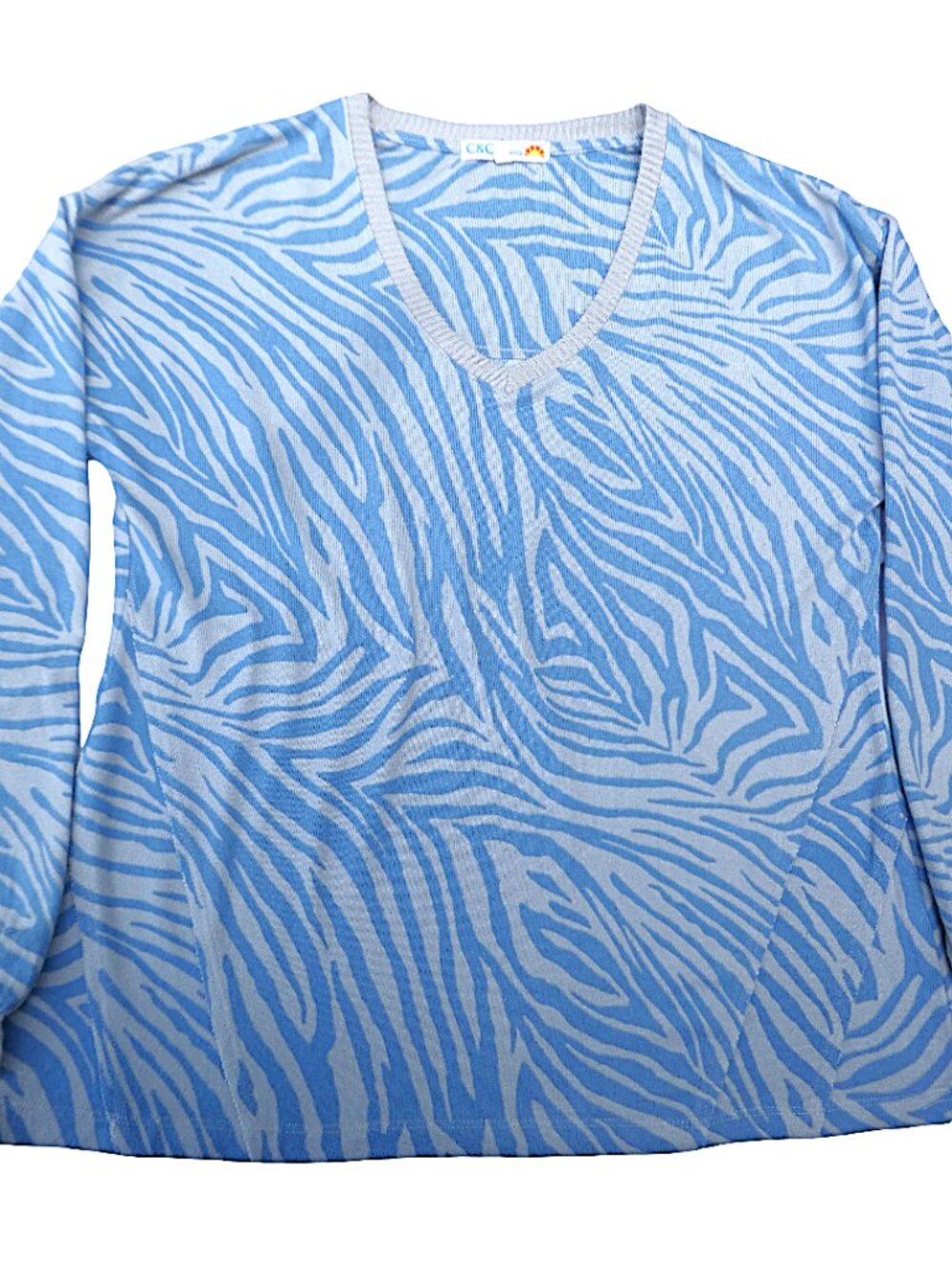 C&C California V-Neck Animal Print Sweater Ultra Soft Blue Gray Long Sleeve M